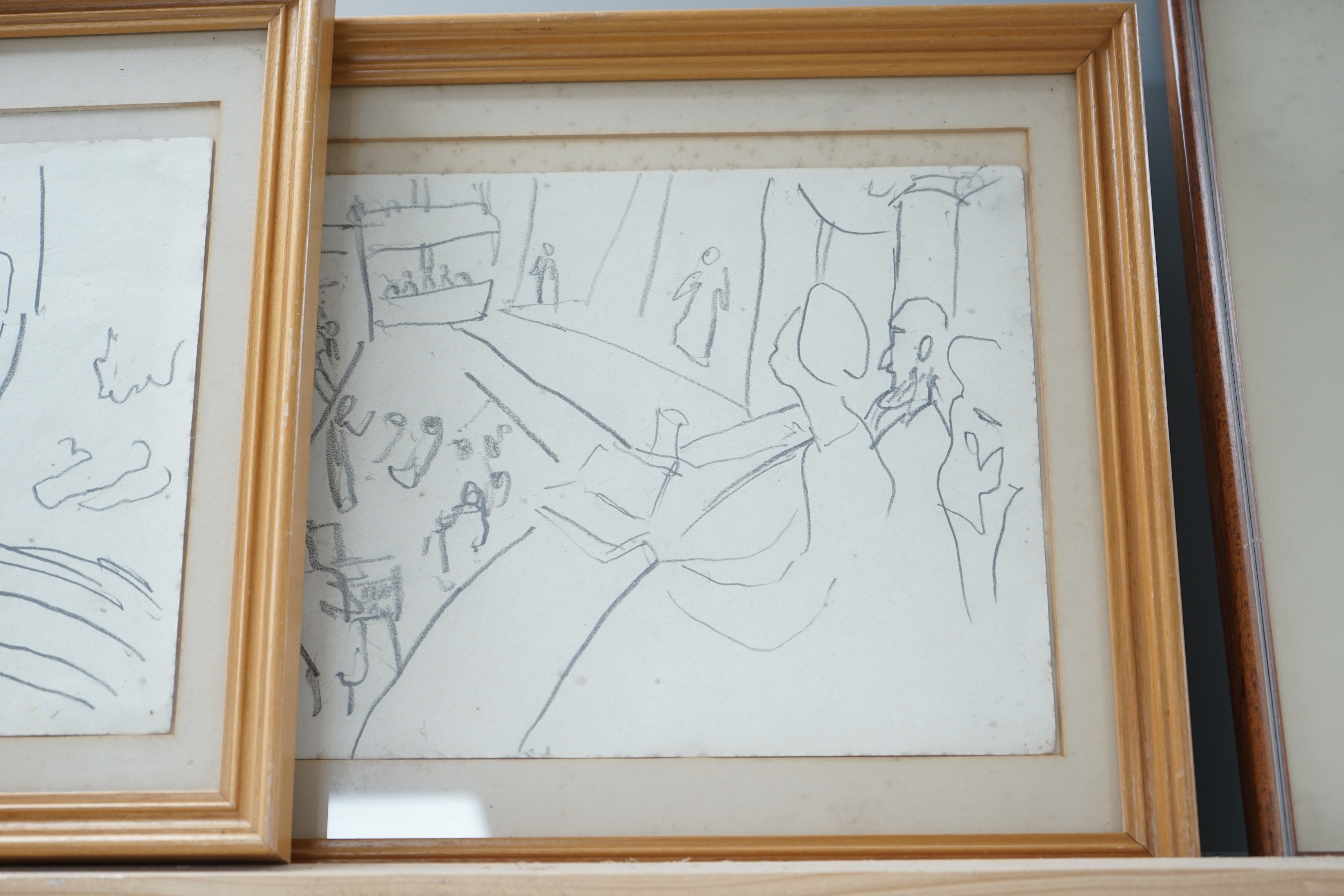 Timothy Hyman RA (b.1946), set of four charcoal sketches, Theatre scenes, one with label verso, 21 x 30cm
